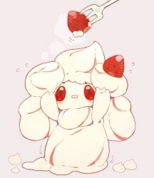 Rule 34 | 1girl, akadako, alcremie, alcremie (strawberry sweet), alcremie (vanilla cream), arms up, blush, colored sclera, colored skin, female focus, flying sweatdrops, food, food-themed hair ornament, fork, fruit, full body, gen 8 pokemon, grey background, grey outline, hair ornament, long hair, looking up, multicolored hair, nintendo, open mouth, outline, outstretched arms, pink hair, pokemon, pokemon (creature), red eyes, red sclera, simple background, solo, standing, straight-on, strawberry, strawberry hair ornament, streaked hair, theft, two-tone hair, wavy mouth, white hair, white skin