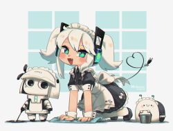 1girl :d all_fours aqua_eyes aqua_nails artist_name bare_arms black_shoes blush bucket candy_snail_(porforever) commentary dated digitan_(porforever) electric_plug electric_plug_tail english_commentary fang heart heart_tail highres lightning_bolt_symbol long_hair looking_at_viewer maid maid_day maid_headdress nail_polish open_mouth original pantyhose porforever power_symbol puffy_short_sleeves puffy_sleeves robot robot_ears shoes short_sleeves simple_background smile star-shaped_pupils star_(symbol) symbol-shaped_pupils tail twintails usb_symbol white_hair white_pantyhose wrist_cuffs