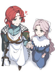2girls :d aged_down armband badge blue_dress blue_eyes blue_shirt bow closed_mouth coat coat_on_shoulders couter dress from_above full_body gauntlets green_coat grey_eyes grey_hair hair_bow heart highres holding holding_hands holding_suitcase long_dress looking_at_another looking_at_viewer looking_up marsha_(reverse:1999) multiple_girls open_mouth red_hair reverse:1999 sentinel_(reverse:1999) shirt short_hair shoulder_belt simple_background single_gauntlet smile suitcase time_paradox walking white_armband white_background white_bow white_dress yihan yuri