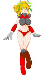 absurdres android antennae armor armored_boots armored_gloves arms_up assatakku bikini_armor blonde_hair blue_eyes boots breasts green_ribbon hair_ribbon hairband headphones highres hyper_roll_(marvel_vs._capcom) joints knee_boots knee_pads large_breasts long_hair looking_at_viewer marvel_vs._capcom mechanical_arms mechanical_boots mechanical_legs mega_man_(classic) mega_man_(series) midriff navel ponytail radio_antenna red_armor ribbon robot robot_girl robot_joints roll_(mega_man) shoulder_armor sidelocks