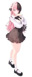 1girl absurdres bare_legs black_hair blue_eyes bow bowtie braid brown_skirt collared_shirt full_body high-waist_skirt highres long_hair long_sleeves looking_at_viewer mary_janes meercat_dayo multicolored_hair pink_hair shirt shirt_tucked_in shoes skirt socks solo split-color_hair standing suspenders tachibana_hinano two-tone_hair very_long_hair virtual_youtuber vspo! white_background white_shirt white_socks