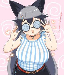 1girl animal_ears belt black_pants blush breasts coke-bottle_glasses commentary_request cowboy_shot flipped_hair fox_ears fox_girl glasses grey_hair hair_ornament hairclip hands_up highres kemono_friends kemono_friends_3 large_breasts lets0020 long_hair looking_at_viewer multicolored_hair opaque_glasses open_mouth pants pink_background red_belt shirt silver_fox_(kemono_friends) simple_background sleeveless sleeveless_shirt smile solo striped_clothes striped_shirt tail translation_request v-shaped_eyebrows vertical-striped_clothes vertical-striped_shirt very_long_hair white_shirt
