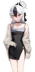 1girl absurdres black_bow black_choker black_dress black_hair black_horns bllustration blue_archive blush bow breasts brown_jacket choker cleavage closed_mouth collarbone commentary_request demon_horns dress ear_piercing grey_hair hair_between_eyes hair_bow hair_ornament hairclip halo highres horns jacket kayoko_(blue_archive) kayoko_(dress)_(blue_archive) long_hair long_sleeves looking_at_viewer multicolored_hair official_alternate_costume official_alternate_hairstyle piercing red_eyes simple_background sleeves_past_wrists small_breasts solo standing two-tone_hair white_background