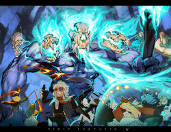 6+others animal_ears animal_skull arms_up bare_shoulders barefoot battle black_gloves blonde_hair blue_fire blue_hair book boots brown_footwear brown_hair casting_spell copyright_name energy_barrier english_text closed_eyes fire fire flaming_sword flaming_weapon fleeing floating flying gender_request glasses gloves green_hair grey_hair holding holding_book holding_scythe holding_sword holding_torch holding_wand holding_weapon long_hair magic monster multiple_others muscular open_book open_mouth oversized_object pixiv_fantasia pixiv_fantasia_4 planted planted_sword planted_weapon protecting running ryota-h scythe short_eyebrows skull spell sword teeth torch upper_teeth_only veins wand weapon white_hair