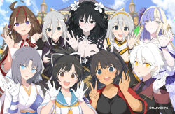 +_+ 6+girls :d :o arm_up arms_up asuka_(senran_kagura) bikini_tan black_eyes black_hair black_necktie black_tank_top blonde_hair blue_eyes blue_hair blush bow breasts bridal_gauntlets brown_eyes brown_hair chinese_knot cleavage closed_mouth commentary dark-skinned_female dark_skin day earrings facial_tattoo fingerless_gloves flower flower-shaped_pupils flower_bra folded_ponytail frontless_outfit fubuki_(senran_kagura) gekkou_(senran_kagura) gloves green_eyes grey_hair hair_between_eyes hair_bow hair_flower hair_ornament hair_ribbon hair_rings hair_tie hairband hairpin hanzou_academy_school_uniform high_ponytail highres homura_(senran_kagura) jacket japanese_clothes jewelry kimono large_breasts lily_(flower) long_hair long_hair_between_eyes long_sidelocks medium_hair military_uniform mismatched_earrings miyabi_(senran_kagura) multicolored_hair multiple_girls multiple_hairpins neck_tassel necktie official_alternate_costume official_art open_clothes open_jacket open_mouth outdoors pale_skin pink_pupils ponytail purple_petals purple_shirt red_jacket red_streaks revealing_clothes ribbon school_uniform senkou_(senran_kagura) senran_kagura senran_kagura_new_link shirt short_hair sidelocks slit_pupils smile streaked_hair striped_bow suiren_(senran_kagura) symbol-shaped_pupils tan tank_top tanline tattoo teeth toki_(senran_kagura) two-tone_kimono upper_teeth_only v waving wavy_hair white_bow white_eyes white_flower white_gloves white_hair white_kimono white_lily white_ribbon yaegashi_nan yellow_eyes yellow_hairband yumi_(senran_kagura)