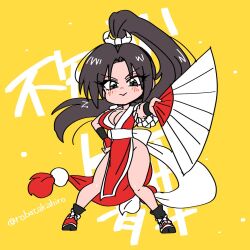 1girl artist_name black_hair black_socks blush breasts brown_eyes chibi cleavage dress full_body hand_fan hand_on_own_hip high_ponytail holding holding_fan long_hair looking_at_viewer motoyui paper_fan pelvic_curtain ponytail red_dress shiranui_mai snk socks solo standing the_king_of_fighters thighhighs wanta_(futoshi) yellow_background