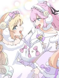 Rule 34 | 2girls, alternate costume, anyoji hime, armpit crease, bare shoulders, blonde hair, collarbone, commentary, cotton=utopia (love live!), dress, earmuffs, fur-trimmed dress, fur trim, gradient clothes, gradient dress, highres, link! like! love live!, long hair, long sleeves, love live!, low ponytail, mira-cra park!, momiji (moj 0404), multi-tied hair, multiple girls, off-shoulder dress, off shoulder, official alternate costume, osawa rurino, ponytail, purple dress, rainbow, shoulder blades, virtual youtuber, wide sleeves