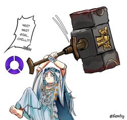1girl absurdres artist_name barefoot dress elden_ring elden_ring_nightreign english_text hammer head_wreath highres holding holding_hammer huge_weapon long_hair nemfry raider_(elden_ring) revenant_(elden_ring) simple_background solo war_hammer weapon white_background white_dress white_hair
