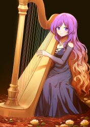 1girl blonde_hair dress flower gradient_hair harp highres hijiri_byakuren holding_harp instrument kaoling looking_at_viewer lotus multicolored_hair music playing_instrument purple_dress purple_eyes purple_hair smile solo touhou two-tone_hair wavy_hair