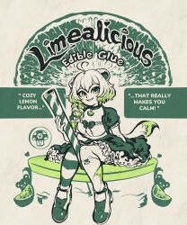 1girl ad animal_ear_legwear animal_ears asymmetrical_legwear bestfriendforever braid choker commentary dress drink drinking_straw english_commentary english_text eyeliner ferret ferret_ears ferret_girl ferret_tail food food-themed_necklace fruit glue green_dress green_eyeliner green_eyes green_hair green_thighhighs heart highres indie_virtual_youtuber laimu_(vtuber) lime_(fruit) lime_necklace lime_slice long_hair makeup mismatched_legwear multicolored_hair original smile solo starbucks striped_clothes striped_thighhighs tail thighhighs vinesauce virtual_youtuber white_hair