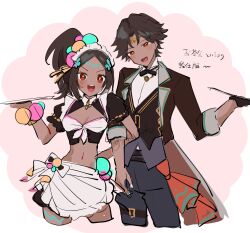 1boy 1girl alternate_costume apron breasts brother_and_sister cleavage dark-skinned_female dark-skinned_male dark_skin fire_emblem fire_emblem_engage fogado_(fire_emblem) highres holding holding_tray maid maid_apron maid_headdress navel nintendo open_mouth sakura_no_yoru siblings small_breasts stomach timerra_(fire_emblem) tray