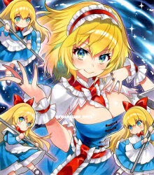 1girl alice_margatroid ankle_socks apron between_breasts blonde_hair blue_dress blue_eyes blush blush_stickers bow bowtie breasts capelet chacham cleavage closed_mouth commentary doll dress floating_hair frilled_cuffs frilled_hairband frilled_sleeves frills hair_bow hairband hands_up holding holding_polearm holding_weapon jewelry large_breasts long_hair looking_at_viewer marker_(medium) mary_janes polearm puppet_rings red_bow red_bowtie red_hairband red_sash ring sash shanghai_doll shoes short_hair short_sleeves smile socks solo sparkle touhou traditional_media twitter_username weapon white_apron white_capelet wrist_cuffs