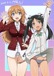 Rule 34 | 2girls, :d, blazer, blue eyes, blush, bow, bowtie, breasts, charlotte e. yeager, fang, francesca lucchini, gluteal fold, green bow, green bowtie, green eyes, green hair, hair ribbon, hand on own hip, highres, jacket, large breasts, long hair, looking at viewer, military uniform, multiple girls, open mouth, orange hair, panties, poyopoyotaishi, red jacket, ribbon, simple background, small breasts, smile, strike witches, striped clothes, striped panties, twintails, underwear, white panties, world witches series