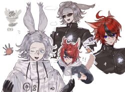!? 2boys :d absurdres ahoge aotsuki_eito armband arms_up black_gloves black_streaks blank_speech_bubble blue_eyes cat_boy closed_eyes cropped_torso drawstring eyeshadow final_fantasy final_fantasy_xiv gakuran glasses gloves grey_hair hashtag-only_commentary highres hole_in_chest hole_on_body hood hoodie jacket job_icon_(final_fantasy) last_defense_academy_school_uniform looking_at_viewer makeup male_focus miqo&#039;te multicolored_hair multiple_boys multiple_views one_eye_closed open_mouth parted_lips rabbit_boy reaper_(final_fantasy) red_eyeshadow red_hair samurai_(final_fantasy) school_uniform scythe short_hair simple_background smile sparkle speech_bubble streaked_hair sumino_takumi sunglasses sweatdrop sword syuu_1125 tail the_hundred_line_-last_defense_academy- viera weapon weapon_on_back white_armband white_background white_hoodie white_jacket