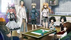 3boys 5girls adam&#039;s_apple akiha_rumiho amane_suzuha androgynous animal_ear_hairband animal_ears apron aqua_eyes arms_behind_back beard_stubble belt belt_around_waist belt_buckle beret bike_shorts black_belt black_bow black_hair black_ribbon black_shirt black_shorts black_skirt black_socks black_trim blonde_hair blue_dress blue_eyes blue_jacket blue_pants bob_cut bow bracelet braid breast_pocket breasts broom brown_hair brown_pants buckle buttons casual cat_ears cellphone chain checkered_buckle chest_bow choker closed_mouth coat collar collarbone collared_shirt couch crossed_arms crossed_legs cup cupboard day door dr_pepper dress drill_hair drink eating expressionless facial_hair fake_animal_ears fat fat_man fingernails flip_phone food frilled_collar frilled_dress frilled_hairband frilled_skirt frilled_sleeves frills from_behind from_side future_gadget_lab game_cg glasses goth_fashion green_eyes green_shirt green_slippers grey_eyes hair_between_eyes hair_ornament hair_over_shoulder hair_tie hairband hairclip hairpin hand_in_pocket hands_on_own_hips hashida_itaru hat high_collar highres holding holding_drink holding_food holding_phone huke indoors jacket jewelry jitome kiryuu_moeka kneehighs kneeling lab_coat lapels leather_belt long_hair long_skirt long_sleeves looking_at_another maid maid_apron maid_headdress makise_kurisu mayqueen_maid_uniform medium_breasts medium_hair messy_hair miniskirt multiple_boys multiple_girls necktie notched_lapels official_art okabe_rintarou on_couch onigiri open_mouth orange_stripes pants phone pink_eyes pink_frills pink_hair pink_lips pocket puffy_short_sleeves puffy_sleeves purple_eyes purple_trim red_eyes red_necktie red_ribbon red_shorts ribbon ribbon-trimmed_collar ribbon-trimmed_corset ribbon-trimmed_hairband ribbon-trimmed_sleeves ribbon_choker ribbon_trim ringed_eyes screen_light shiina_mayuri shiny_lips shirt shirt_partially_tucked_in shoes short_sleeves shorts shorts_under_skirt side_slit sitting skirt skull_hair_ornament sleeve_slit slippers small_breasts smile socks square_pupils standing steins;gate steins;gate:_linear_bounded_phenogram stubble t-shirt table talking tank_top tareme television thick_thighs thighs tile_floor tiles tongue track_jacket trap tsurime twin_braids twin_drills twintails urushibara_ruka v-shaped_eyebrows vacuum_cleaner wariza white_apron white_coat white_dress white_ribbon white_shirt wooden_floor wrist_cuffs yellow_eyes yellow_hat zipper zipper_pull_tab