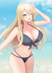 1girl absurdres beach bikini black_bikini blonde_hair blue_eyes blue_sky breasts cleavage cloud cowboy_shot day front-tie_bikini_top front-tie_top gucchi_(gucchi_zuizui) highres horizon iowa_(kancolle) kantai_collection large_breasts long_hair multi-strapped_bikini_bottom ocean outdoors salute sky solo star-shaped_pupils star_(symbol) swimsuit symbol-shaped_pupils