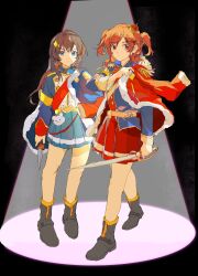 2girls adjusting_clothes aiguillette aijou_karen arm_at_side belt belt_buckle black_boots black_hair blue_eyes blue_jacket blue_skirt boot_straps boots brown_hair buckle buttons chinese_commentary closed_mouth cloudyooooo commentary_request crown crown_hair_ornament dagger dark_background epaulettes full_body fur-trimmed_jacket fur_trim hand_up highres holding holding_dagger holding_knife holding_sword holding_weapon horizontal-striped_skirt jacket jacket_on_shoulders kagura_hikari knife long_hair long_sleeves looking_at_viewer looking_to_the_side medium_hair miniskirt multicolored_jacket multiple_girls parted_lips pleated_skirt possibility_of_puberty_(sword) red_eyes red_jacket red_sash red_skirt rope_belt sash short_twintails shoujo_kageki_revue_starlight shoulder_sash sideways_glance single_horizontal_stripe single_stripe skirt sparkle_hair_ornament spotlight standing striped_clothes stuffed_animal stuffed_toy sword teddy_bear tilted_headwear twintails two-tone_jacket two_side_up v-shaped_eyebrows waist_cape walking weapon yellow_belt yellow_sash