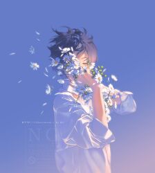 1boy artist_name black_hair blue_sky closed_eyes collared_shirt commentary english_text eyelashes flower from_side highres holding holding_flower long_sleeves male_focus original rido_(ridograph) shirt short_hair sidelighting sky upper_body watermark white_flower wind