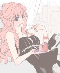 1girl bare_shoulders black_dress blunt_bangs blush braided_sidelock cake dress eating food food_on_face fork highres holding holding_fork long_hair looking_at_viewer off-shoulder_dress off_shoulder one_piece perona pink_hair ppyobong11 red_lips sidelocks solo
