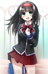 1girl alternate_costume bag black_hair black_jacket blazer blue_bag blunt_bangs blush bow bowtie braid breasts buttons collared_shirt commentary commentary_request doria_(p_f_dolia) emblem green_eyes hairband hand_up highres jacket k-sha long_hair looking_at_viewer medium_breasts neptune_(series) open_mouth plaid_bow plaid_bowtie plaid_clothes plaid_skirt red_bow red_bowtie red_hairband red_skirt school_bag school_emblem school_uniform shin_jigen_game_neptune_vii shirt skirt smile solo twin_braids white_shirt white_trim