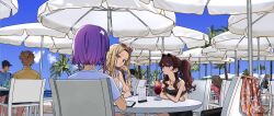 Rule 34 | 3boys, 6+girls, blonde hair, blue eyes, blue sky, breasts, brown hair, crop top, day, drink, drinking, drinking straw, elisia valfelto, eyewear on head, highres, light smile, long hair, looking at another, luicent, multiple boys, multiple girls, original, outdoors, parasol, ponytail, purple hair, short hair, sitting, sky, small breasts, summer, sunglasses, table, umbrella
