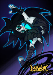 Rule 34 | 1boy, aotu world, aqua eyes, bandaged arm, bandaged hand, bandaged leg, bandages, barefoot, black bandages, black hair, black scales, black scarf, black shorts, black smoke, colored skin, copyright name, elaen (aotu world), feet, from below, full body, glowing, long hair, looking at viewer, low-tied sidelocks, male focus, official art, open mouth, pale skin, qi chuang she, scarf, shorts, sidelocks, smile, solo, teeth, third-party source, toes, topless male