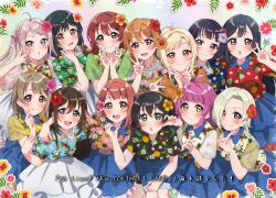 6+girls :d :o :p ahoge asaka_karin bent_v black_hair black_shirt blonde_hair blue_eyes blue_hair blue_shirt blue_shorts blue_skirt blunt_bangs blush bow breasts brown_hair chestnut_mouth closed_mouth collared_shirt commentary_request crossed_bangs dark_blue_hair double_v dress_shirt emma_verde everyone finger_to_cheek flower green_eyes green_hair green_shirt grey_eyes hair_between_eyes hair_bow hair_flower hair_ornament hairclip half-heart_hands hawaiian_shirt highres konoe_kanata kyaku_tasu light_smile long_hair looking_at_viewer love_live! love_live!_nijigasaki_high_school_idol_club medium_breasts medium_hair mia_taylor mifune_shioriko miyashita_ai multiple_girls nakasu_kasumi official_alternate_costume open_mouth orange_eyes orange_flower osaka_shizuku pink_eyes pink_flower pink_hair pink_shirt ponytail puffy_short_sleeves puffy_sleeves purple_eyes purple_shirt red_flower red_shirt shirt short_hair short_sleeves shorts sidelocks skirt smile split_mouth swept_bangs takasaki_yu teeth tennoji_rina tongue tongue_out translation_request twintails two_side_up uehara_ayumu upper_teeth_only v v_over_eye white_bow white_shirt white_skirt yellow_eyes yellow_flower yellow_shirt yuki_setsuna zhong_lanzhu
