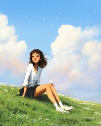 1girl animal animal_on_leg bird bird_on_knee bird_on_leg black_choker black_skirt blue_sky breasts brown_eyes brown_hair choker cloud cloudy_sky commentary cumulonimbus_cloud day english_commentary floating_hair flock flower full_body grass highres hill knees_up long_hair looking_to_the_side miniskirt on_grass open_mouth original outdoors sam_yang shirt shoes sitting skirt sky small_breasts smile solo teeth three-quarter_sleeves v-neck white_bird white_flower white_shirt white_shoes wind