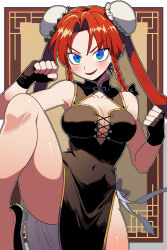 Rule 34 | 1girl, alternate costume, alternate hairstyle, bare shoulders, black bow, black dress, black gloves, black shoes, blue eyes, bollzzalguy, bow, braid, breasts, bun cover, china dress, chinese clothes, cleavage, clenched hands, collarbone, covered navel, cowboy shot, double bun, dress, fingerless gloves, gloves, hair bun, highres, hong meiling, large breasts, long hair, looking at viewer, parted bangs, pelvic curtain, red hair, shoes, side braids, side slit, sleeveless, sleeveless dress, smile, solo, standing, standing on one leg, thighs, touhou, v-shaped eyebrows