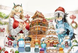2girls apron baobhan_sith_(fate) barghest_(fate) black_hair blonde_hair blue_sweater blush breasts candy candy_cane character_doll christmas fate/grand_order fate_(series) food fujimaru_ritsuka_(female) fujimaru_ritsuka_(male) gingerbread_house green_eyes hat highres horns huge_breasts large_breasts long_hair long_sleeves looking_at_viewer morgan_le_fay_(fate) multicolored_hair multiple_girls nagao_kagetora_(fate) obazzotto oda_nobunaga_(fate) okita_souji_(fate) red_apron red_hat ribbed_sweater santa_hat smile snowman sweater turtleneck turtleneck_sweater two-tone_hair white_apron white_hair white_sweater