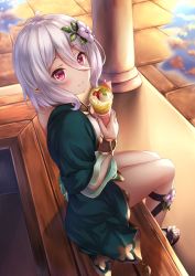 Rule 34 | 1girl, absurdres, antenna hair, blush, breasts, brown sandals, closed mouth, cloud, crepe, dress, female focus, fingernails, flower, food, fruit, green dress, hair between eyes, hair flower, hair ornament, highres, holding, holding crepe, holding food, kokkoro (princess connect!), long sleeves, pointy ears, princess connect!, puddle, red eyes, reflection, sandals, silver hair, sitting, small breasts, smile, solo, strawberry, toenails, white flower, yuririn poi