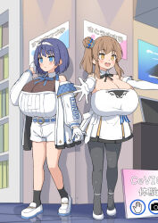 2girls :&lt; :d @sabonbold absurdres alternate_breast_size bare_shoulders belt black_pantyhose black_ribbon black_socks blue_eyes blue_hair blue_ribbon bodysuit bodysuit_under_clothes breasts brown_eyes brown_hair cevio cleavage detached_collar dress elbow_gloves english_text expressionless eyebrows female_focus full_body gigantic_breasts gloves hairband hand_up high_heels highres huge_breasts indoors jacket japanese_text light_blush long_hair long_sleeves multiple_girls neck_ribbon open_clothes open_jacket open_mouth outstretched_arms pantyhose poster_(object) reflection ribbon satou_sasara shirt shirt_tucked_in shoes shorts shortstack side_ponytail sidelocks smile socks standing suzuki_tsudumi thighs translation_request variant_set white_dress white_footwear white_gloves white_jacket white_shirt white_shorts