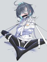 1girl absurdres ahoge arms_across_body bdsm bit_gag black_bodysuit black_hair blindfold blue_hair bodysuit bodysuit_under_clothes bound bound_arms colored_inner_hair dildo full_body gag gagged highres id_card latex latex_bodysuit medium_hair menou_74 multicolored_hair object_insertion original pussy_juice sex_toy sharp_teeth sitting soles_together solo straitjacket teeth two-tone_hair vaginal vaginal_object_insertion vibrator