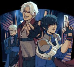 Rule 34 | 1girl, 2boys, black gloves, black hair, blue coat, coat, crossed arms, dante (devil may cry), devil may cry (netflix), devil may cry (series), fingerless gloves, gloves, gun, hejee, highres, holding, holding gun, holding weapon, lady (devil may cry), looking at viewer, multiple boys, one eye closed, red coat, shirt, signature, smirk, vergil (devil may cry), weapon, white hair