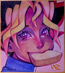 Rule 34 | 1boy, artist name, black hair, blonde hair, blue shirt, border, bread, bread slice, bright pupils, commentary, food, food in mouth, gouache (medium), highres, looking back, looking to the side, male focus, mouth hold, multicolored hair, muto yugi, painting (medium), pink hair, purple eyes, shirt, solo, spiked hair, suba rashii, symbol-only commentary, toast, toast in mouth, traditional media, upper body, white pupils, yellow border, yu-gi-oh!, yu-gi-oh! duel monsters