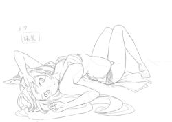 1girl arched_back arms_up beek bikini breasts character_name female_focus greyscale hatsune_miku long_hair lying monochrome on_back side-tie_bikini_bottom sketch small_breasts solo striped_bikini striped_clothes swimsuit very_long_hair vocaloid