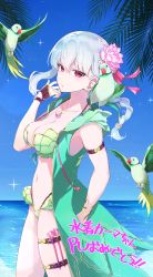 1girl absurdres bikini bird braid braided_ponytail cowboy_shot fate/grand_order fate_(series) flower forked_eyebrows green_bikini green_vest grey_hair hair_flower hair_ornament highres hood hooded_vest hoodie jewelry kama_(fate) kama_(swimsuit_avenger)_(second_ascension)_(fate) looking_at_viewer lotus necklace open_clothes open_vest parakeet parrot pendant red_eyes solo swimsuit thighs vest yuniyuni