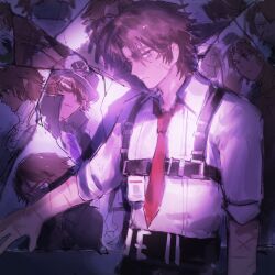 1boy brown_hair collared_shirt commentary dark-skinned_male dark_skin expressionless facial_scar heathcliff_(project_moon) highres kurokumo_clan_(identity)_(project_moon) limbus_company ling_zhiyun looking_at_viewer male_focus multicrack_office_(identity)_(project_moon) multiple_views necktie oufi_association_south_uniform project_moon purple_theme red_necktie scar scar_on_cheek scar_on_face shirt short_hair upper_body white_shirt wuthering_heights_(identity)_(project_moon)