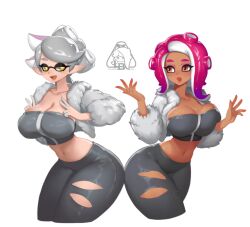 Rule 34 | 2girls, agent 8 (splatoon), black pants, blush, bow-shaped hair, breasts, cephalopod eyes, cleavage, collarbone, colored extremities, cropped jacket, cross-shaped pupils, dark skin, double v, fur jacket, gradient hair, grey hair, grey shirt, inkling, jacket, large breasts, little blood, long hair, long sleeves, looking at viewer, looking to the side, marie (splatoon), midriff, multicolored hair, multiple girls, navel, nintendo, octoling, octoling girl, octoling player character, octopus girl, open clothes, open jacket, open mouth, pants, pink hair, pointy ears, ponytail, purple hair, shirt, short sleeves, simple background, smile, splatoon (series), splatoon 1, splatoon 2, squid girl, standing, strapless, suction cups, symbol-shaped pupils, tentacle hair, tube top, two-tone hair, v, white background, white jacket, wide hips, yellow eyes