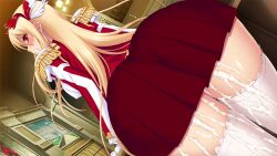 Rule 34 | 1girl, ass, ass focus, blonde hair, blush, clenched teeth, cum, cum in clothes, cum in pussy, cum on body, cum on lower body, cumdrip, embarrassed, long hair, miniskirt, monster park, monster park 2, nise okayu, okiyumi kase, red eyes, red skirt, scarlet lumberg, skirt, teeth, thighhighs, white thighhighs