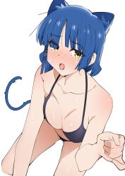 1girl all_fours animal_ears bent_over bikini blue_hair blush bocchi_the_rock! breasts cat_ears cat_tail cleavage collarbone embarrassed highres looking_at_viewer medium_breasts mole mole_under_eye open_mouth outstretched_arm sakura_1110ssmm short_hair simple_background solo sweat swimsuit tail white_background yamada_ryo yellow_eyes