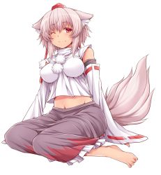 1girl amane_hasuhito animal_ears bad_feet bad_id bad_pixiv_id bare_shoulders barefoot breasts detached_sleeves female_focus full_body groin hat impossible_clothes inubashiri_momiji large_breasts midriff navel one_eye_closed red_eyes simple_background sitting smile solo tail tokin_hat touhou white_background wink wolf_ears wolf_tail