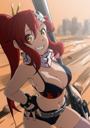 1girl anti-materiel_rifle bare_shoulders belt bikini bikini_top_only black_gloves black_shorts blush breasts brown_background cleavage clenched_teeth fingerless_gloves gloves gun hair_ornament highres large_breasts long_hair looking_at_viewer no_shirt pink_scarf pink_thighhighs ponytail red_hair rifle scarf short_shorts shorts skull_hair_ornament sniper_rifle solo swimsuit teeth tengen_toppa_gurren_lagann thighhighs triangle_bullet weapon yellow_eyes yoko_littner