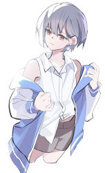 1girl bang_dream! bang_dream!_it&#039;s_mygo!!!!! blue_jacket closed_mouth collared_shirt commentary cowboy_shot earrings grey_hair grey_shorts highres jacket jewelry jhon_trick long_sleeves off_shoulder open_clothes open_jacket red_eyes shirt short_hair shorts simple_background sleeveless sleeveless_shirt solo takamatsu_tomori white_background white_shirt