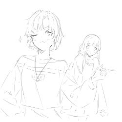 2girls :3 blush d4dj greyscale hanamaki_towa highres izumo_saki jewelry kanade_(kanade_3344) long_hair long_sleeves monochrome multiple_girls necklace one_eye_closed parted_bangs short_hair simple_background upper_body white_background