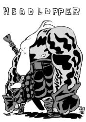 1boy 2018 full_body greyscale head_lopper highres imaishi_hiroyuki male_focus monochrome muscular muscular_male simple_background solo tagme white_background