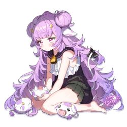 1girl animal_ears artist_name barefoot blush bow cow_ears cow_tail double_bun feet hair_bun highres horns mini_moo muu_muyu neck_bell phase_connect pink_eyes purple_eyes purple_hair shirt sitting sleeveless sleeveless_shirt spoonillust tail virtual_youtuber wariza white_background