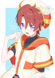 Rule 34 | 1boy, ahoge, back bow, beret, black shirt, blue background, border, bow, brown hair, buttons, cowboy shot, grey pants, hair between eyes, hand on own shoulder, happy, hat, high-waist pants, highres, layered sleeves, light blush, magical boy, male focus, open mouth, orange bow, orange sailor collar, outside border, pants, pointy nose, precure, purple eyes, robe, sailor collar, serizawa serizane, shirt, short hair, short sleeves, single hair intake, smile, solo, standing, toyama satoru, turtleneck, turtleneck shirt, twitter username, watermark, watermark grid, white border, white hat, white robe, wonderful precure!