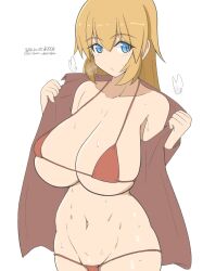 Rule 34 | 1girl, absurdres, bikini, blonde hair, blue eyes, blush, breasts, charlotte e. yeager, cleavage, collarbone, dated, highres, large breasts, long hair, looking at viewer, micro bikini, navel, red bikini, signature, simple background, solo, strike witches, sweat, swimsuit, unkai daraku, white background, world witches series