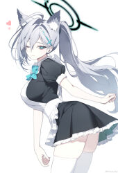 1girl animal_ears apron blue_archive blue_eyes bow bowtie breasts cross_hair_ornament extra_ears from_side grey_hair hair_ornament halo highres looking_at_viewer maid pulling_own_clothes rinca shiroko_(blue_archive) shiroko_terror_(blue_archive) solo thighhighs